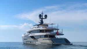 Exterior view of the 50-meter ultra-luxury superyacht Eternal Spark cruising in Bodrum bays