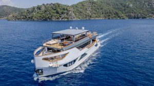 28-meter modern luxury motor yacht Nayk 3 docked in Gocek harbor