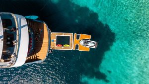 High speed water toys and tenders ready for action on the deck of luxury charter yacht Bella