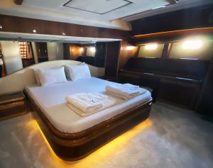 Elegant and modern interior cabin accommodation for guests aboard motor yacht Aden.