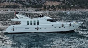 Luxury motor yacht charter Antalya Gökbörü cruising on sea