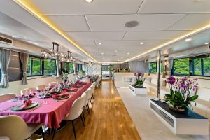 Modern and luxurious interior main saloon aboard motor yacht Freedom