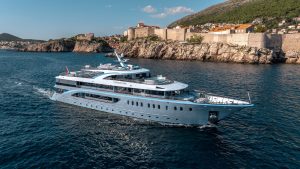 48m luxury motor yacht Freedom exterior profile and deck view for charter