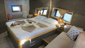 Elegantly appointed guest cabin with en-suite bathroom on gulet Aria