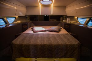 Elegantly designed guest cabin with private en-suite bathroom on yacht Khaleesi