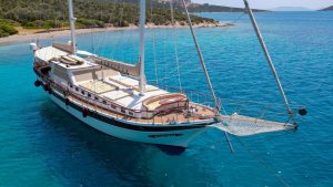 The 26 meter luxury charter gulet ULUCINAR cruising in the Mediterranean sea