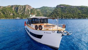Exterior view of luxury motor yacht Jr Simay cruising in Fethiye Turkey