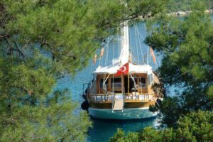 Luxury gulet Miramare cruising smoothly on the turquoise waters of Fethiye