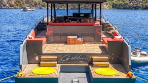 Luxury yacht charter Fethiye Gottiri aft deck alfresco dining table and lounge area