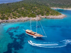 Luxury gulet Arabella charter Bodrum cruising Aegean sea Private luxury wooden gulet Arabella 32 meters Turkey Deluxe yacht rental Bodrum gulet Arabella at anchor