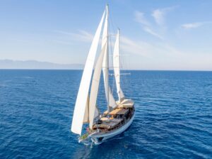 Luxury gulet Arabella charter Bodrum cruising Aegean sea Private luxury wooden gulet Arabella 32 meters Turkey Deluxe yacht rental Bodrum gulet Arabella at anchor