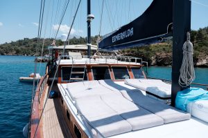 Exterior view of the luxury charter yacht Gulet Esmeralda cruising on the turquoise sea in Fethiye.