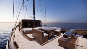 The main salon and indoor lounge area of Parea, showcasing refined maritime craftsmanship and modern sophisticated elegance.