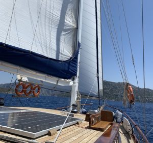 Exterior profile view of the 24-meter luxury charter Gulet Sway in Bodrum, Turkey.