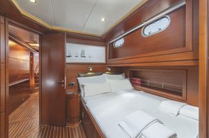 Luxurious master cabin interior on Aganippe gulet