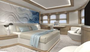 One of the 11 deluxe guest cabins on M/Y Casablanca, featuring modern luxury design and premium amenities.