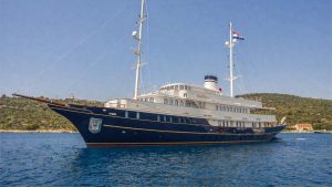 M/Y Casablanca luxury 53-meter motor yacht cruising in the crystal blue waters of the Adriatic Sea, Croatia.
