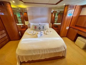 A view from one of the spacious guest cabins of the Gökçe Motor Yacht completely renovated with comfortable details in twenty twenty-one.