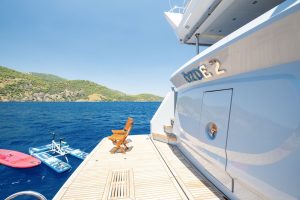 Guests enjoying the crystal-clear sea with a canoe and paddle board provided on the Ozde 2 yacht.