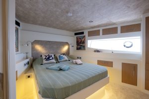 Elegant and comfortable interior design of a master cabin aboard the Ozde 2 motor yacht.