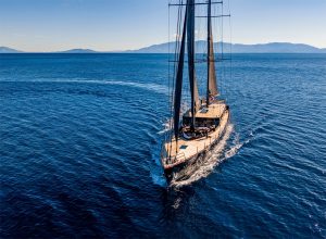 Magnificent exterior view and deck design of the 46-meter luxury gulet Seven built in 2025